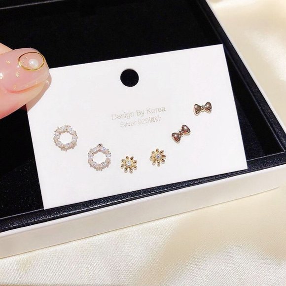 [3 Pairs] 925 Sterling Silver Diamond Earrings A - Picture 2 of 8